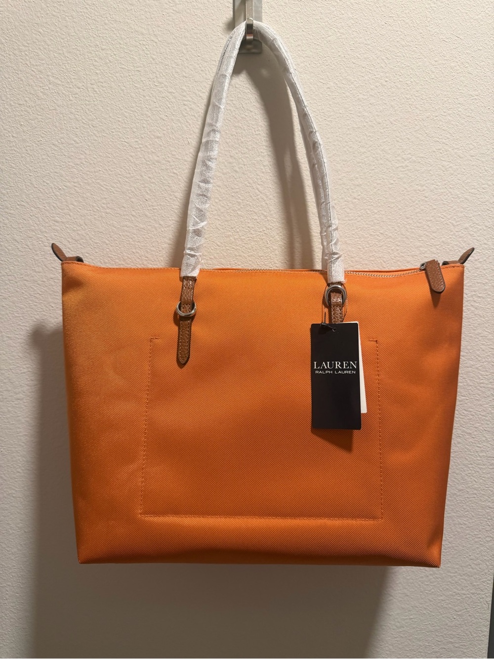 Lauren Ralph Lauren Orange Canvas Tote with Leather Trim